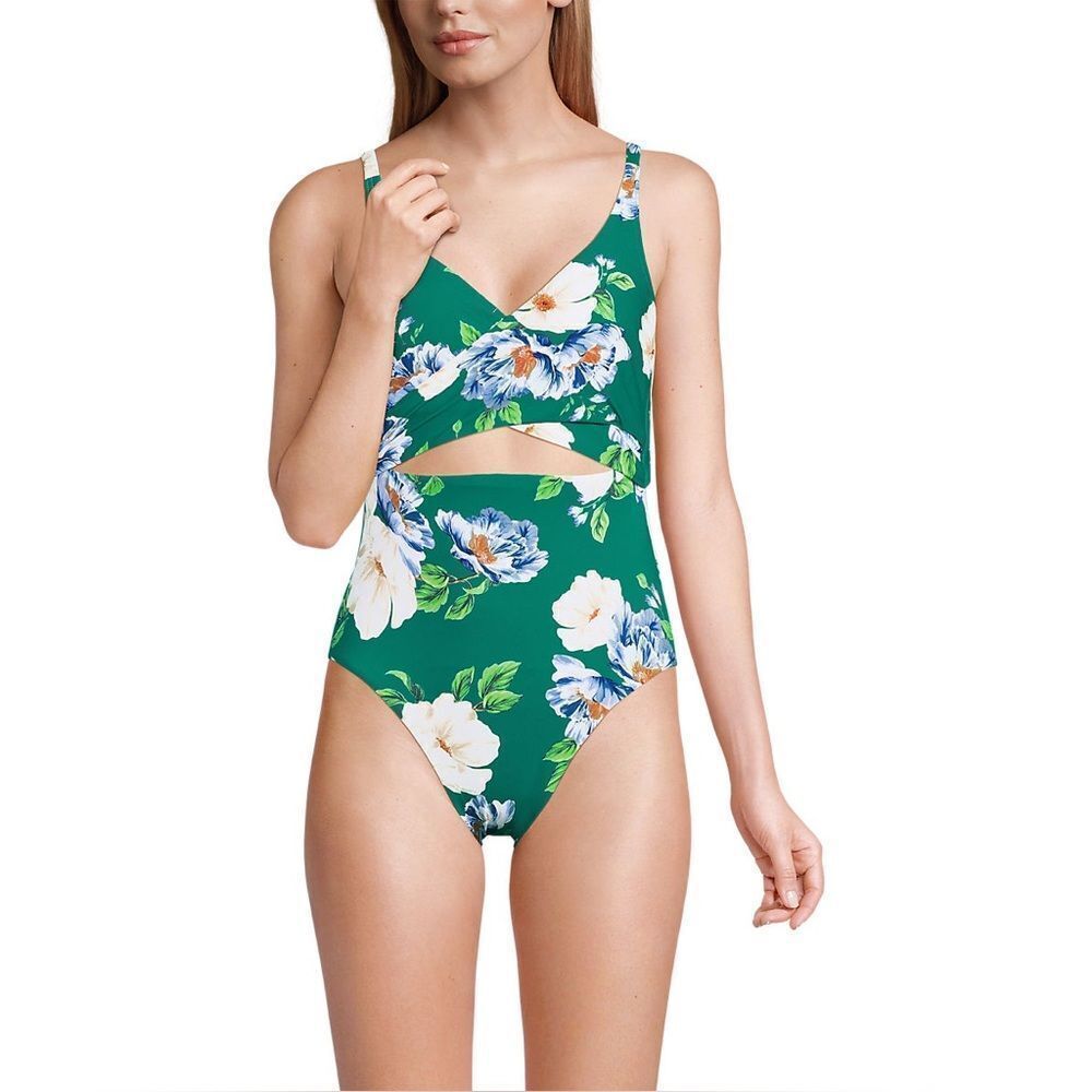 Land's End One piece monokini swimsuit island Emerald Petunia floral 16 Long - Picture 6 of 8